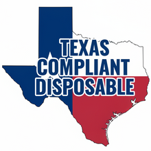 Load image into Gallery viewer, White square background with an outline of Texas with a Texas flag background and the text "Texas Compliant Disposable" inside the Texas state shape